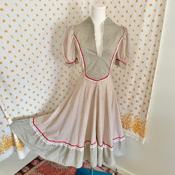 Handmade Prairie Dress Cottagecore Small Red Green Lace Puff Sleeve Vintage - Picture 2 of 7